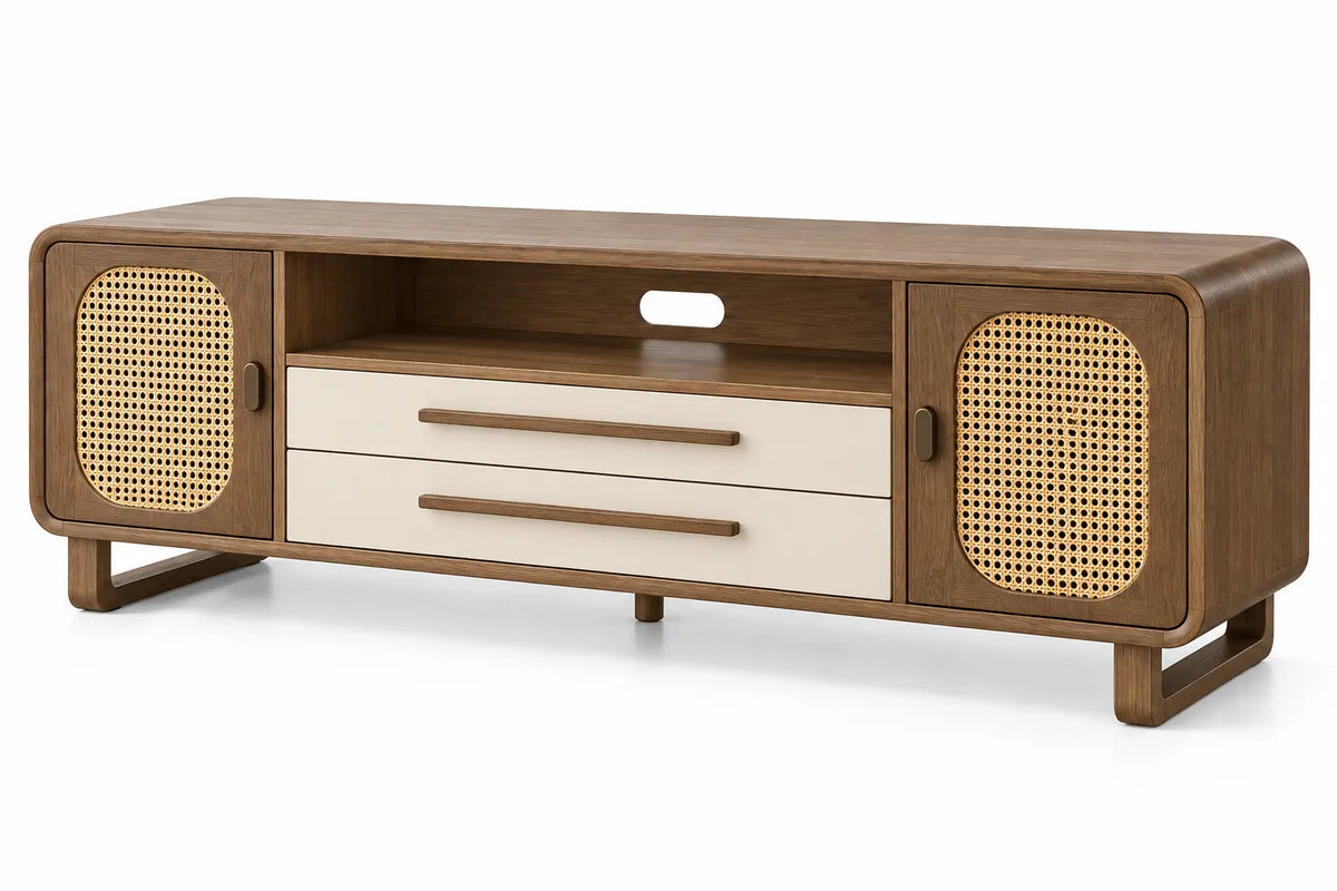 Mueble bajo para televisión con detalles de entramado y estantes, marrón y blanco