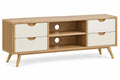 Mueble bajo para televisión con estantes y cajones, marrón y blanco