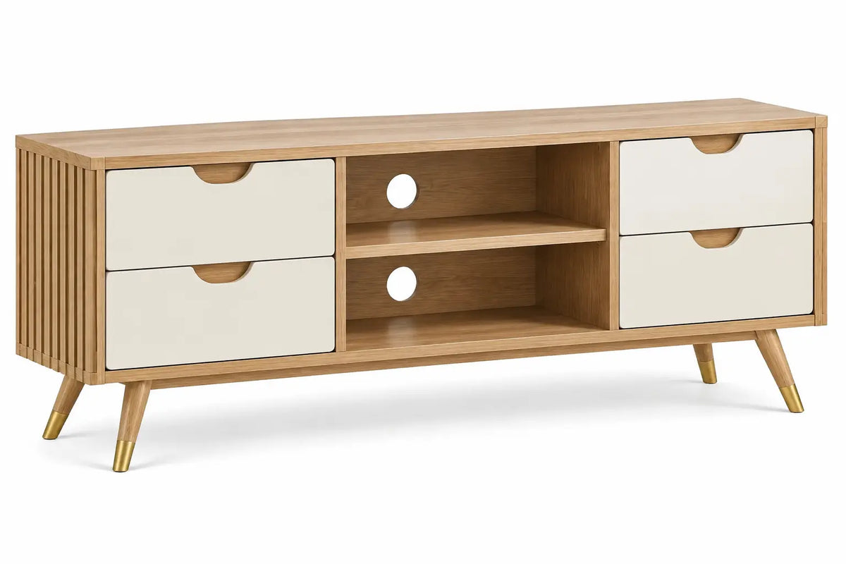 Mueble bajo para televisión con estantes y cajones, marrón y blanco