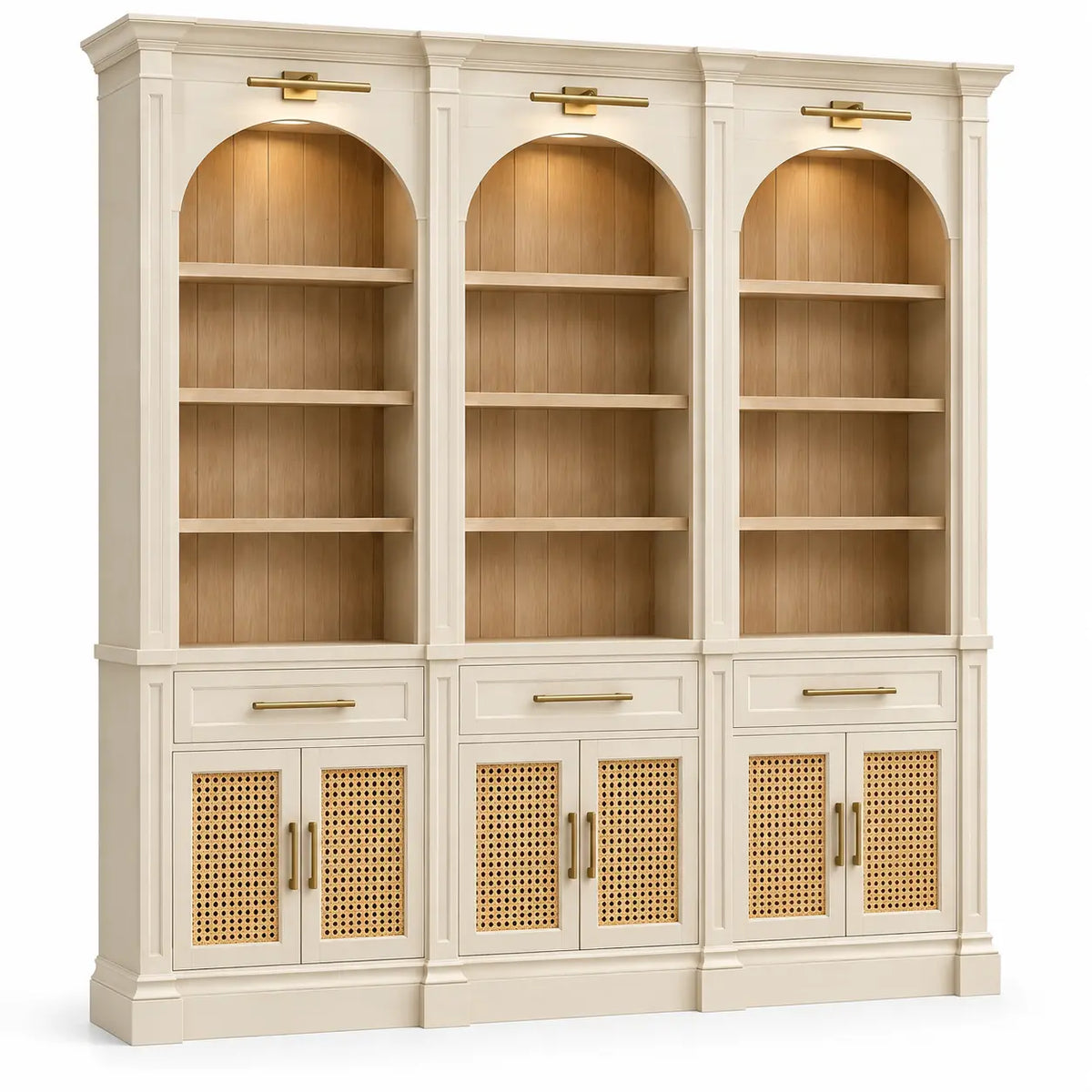 Estantería con almacenamiento con formas arqueadas y detalles de entramado, blanco y marrón