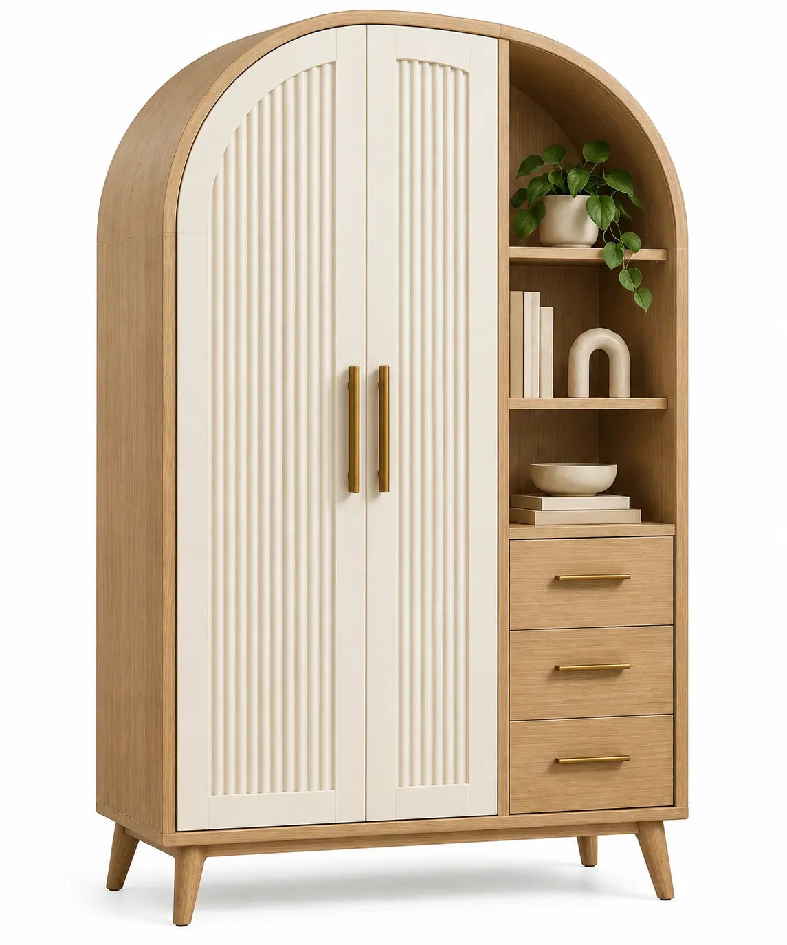 Armario de almacenamiento con formas arqueadas y estantes, marrón y blanco