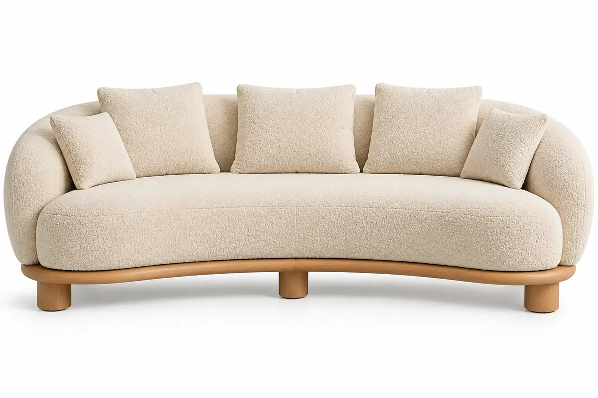 Sofá curvo tapizado de contorno redondeado, beige y marrón