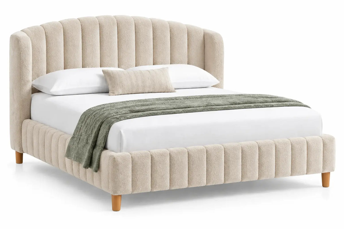 Estructura de cama con cabecero con acolchado acanalado, beige y marrón