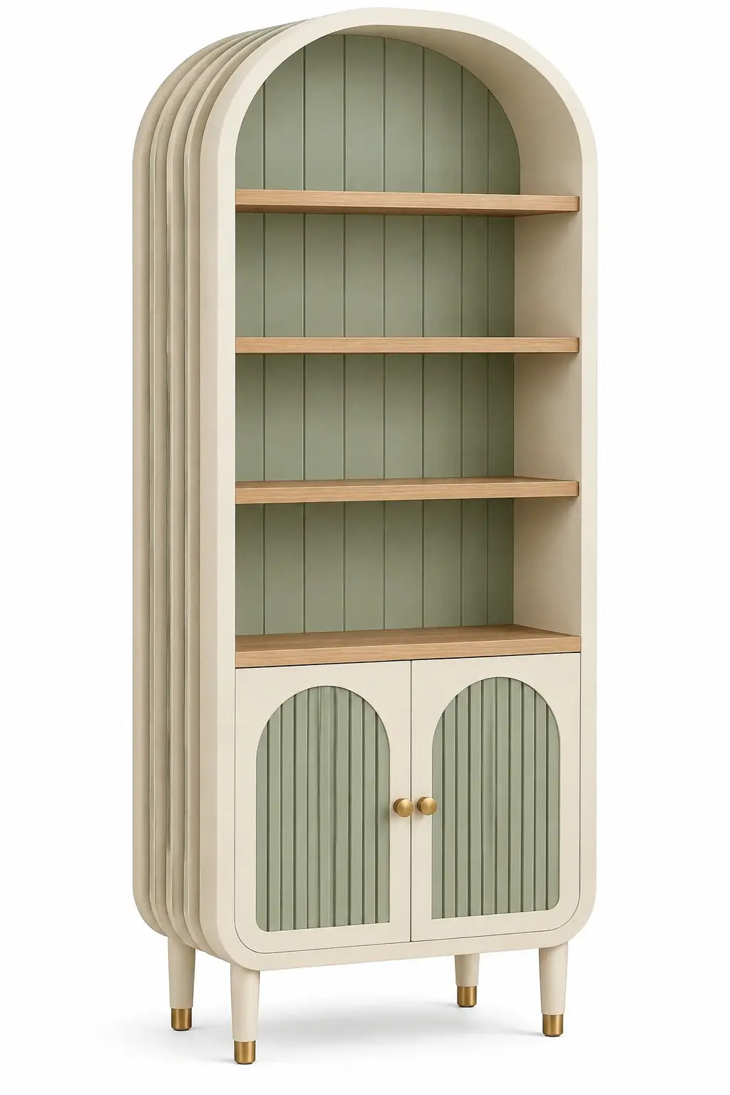 Estantería con almacenamiento con formas arqueadas y detalles de entramado, blanco y verde
