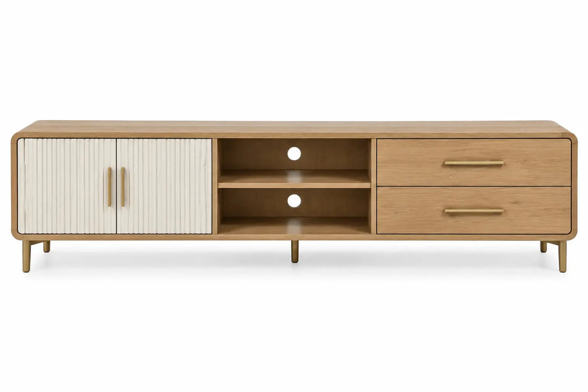 Mueble bajo para televisión con detalles de líneas verticales y estantes, marrón y blanco