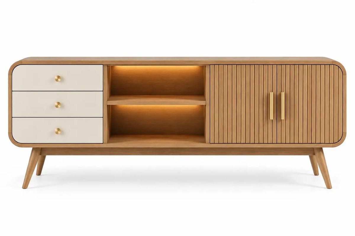 Mueble bajo para televisión con detalles de líneas verticales y estantes, marrón y blanco
