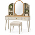 Tocador con espejo con formas arqueadas y estantes, blanco, beige y verde