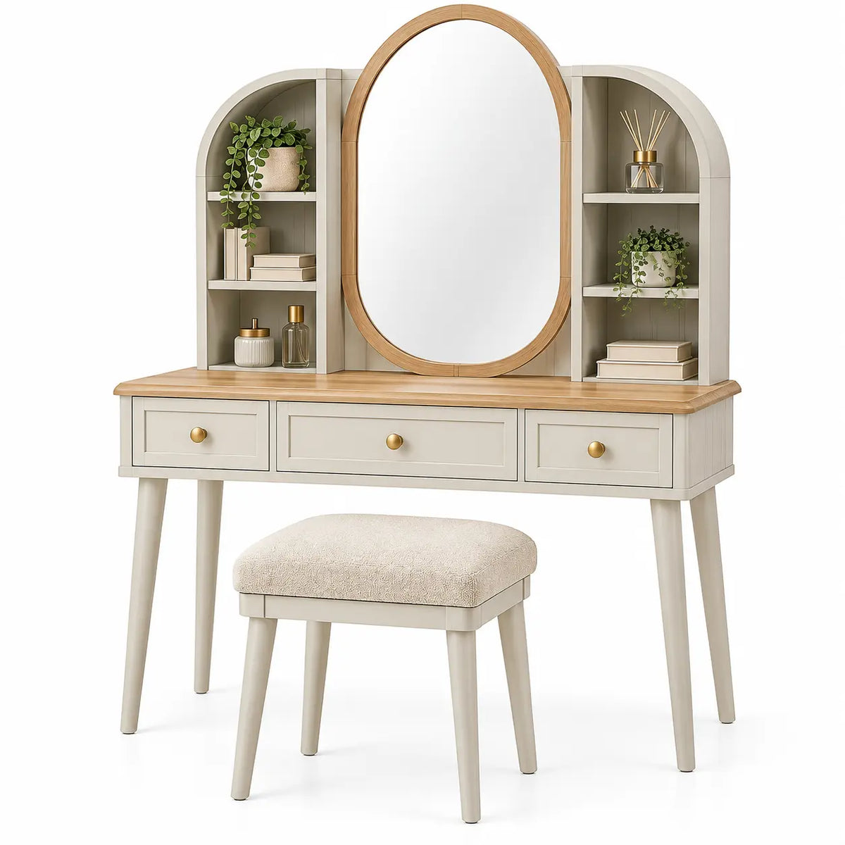 Tocador con espejo con formas arqueadas y estantes, blanco, beige y verde